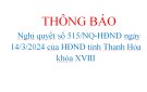 THÔNG BÁO  Nghị quyết số 515/NQ-HĐND ngày 14/3/2024 của HĐND tỉnh Thanh Hóa khóa XVIII